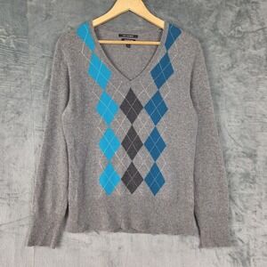 Apt 9 Sweater Large Gray Cashmere‎ Argyle Diamond Preppy Quiet Luxury Academia